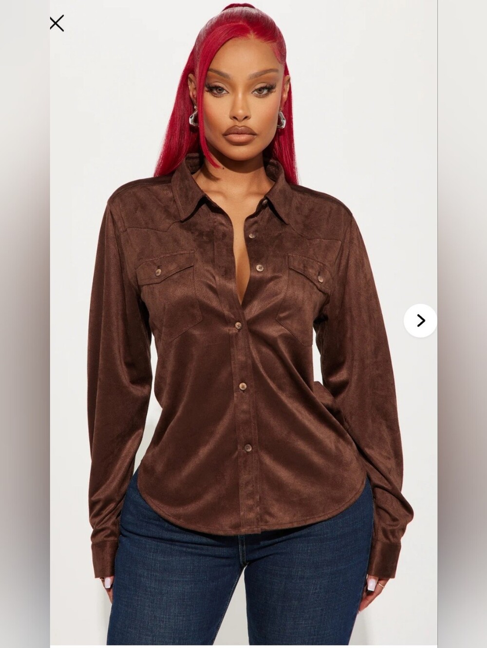 Fashion Nova Brown Long-Sleeve Button-Down Suede Shirt